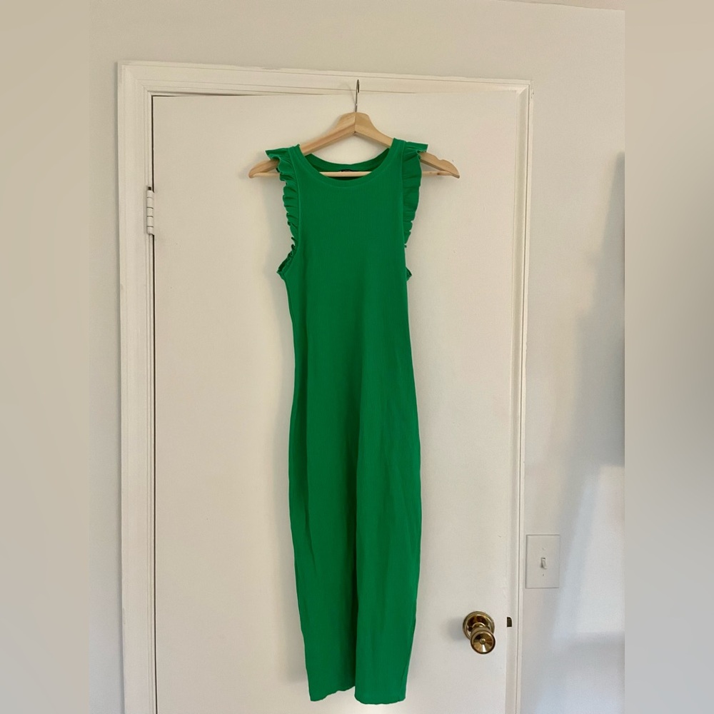 Zara Green Midi Dress with Ruffle Shoulder Detail